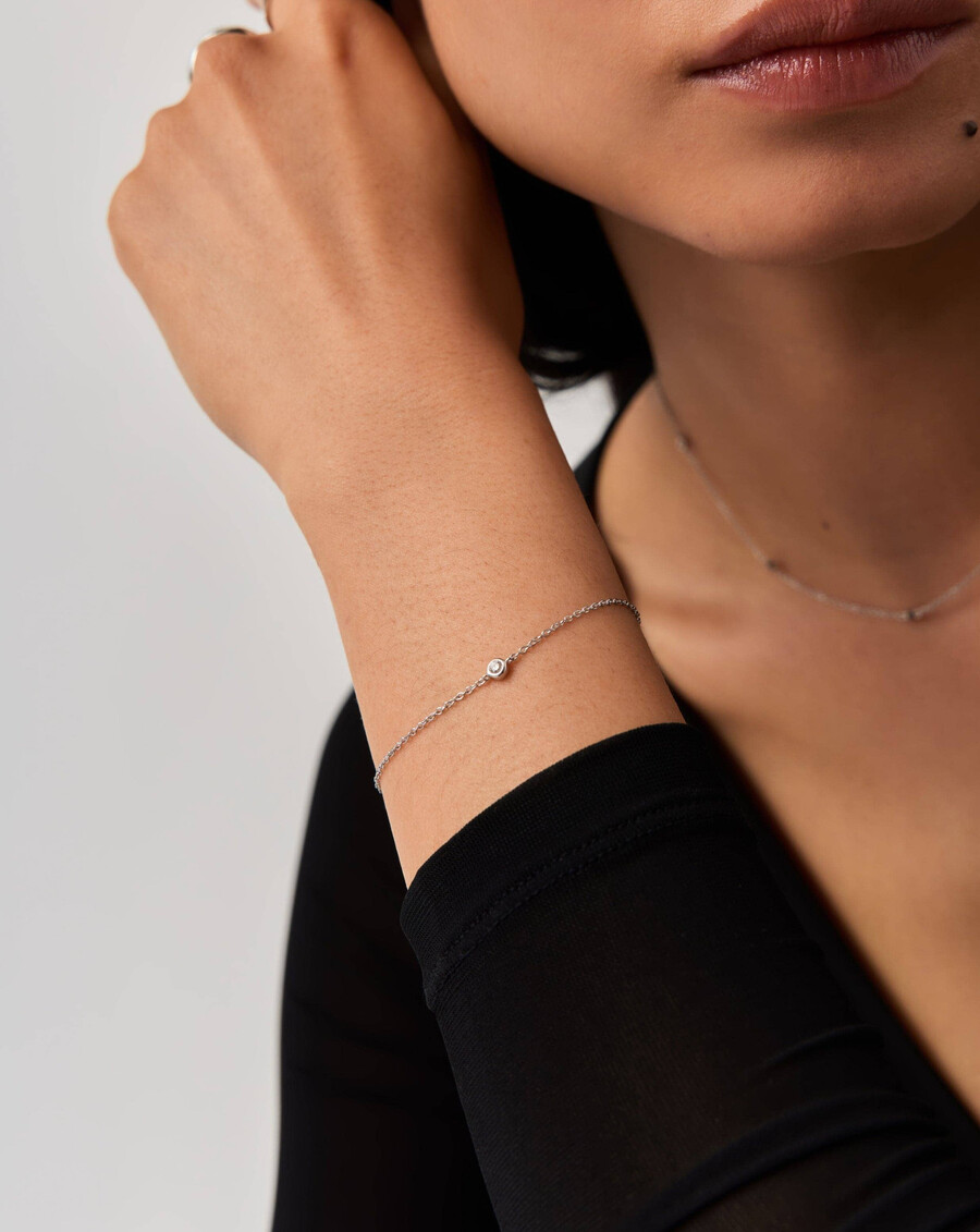 pulsera de solitario de diamantes en oro blanco macizo de 14 k