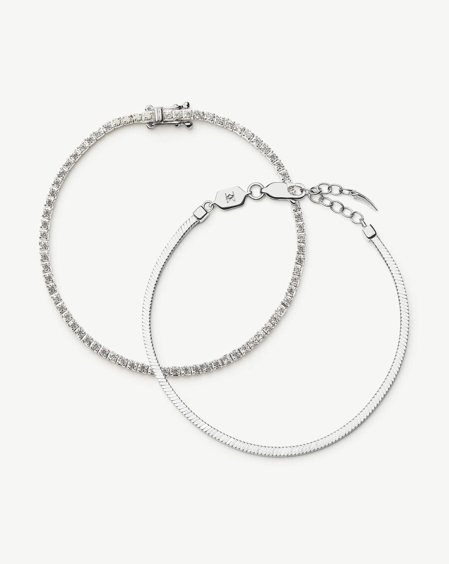 conjunto de pulsera clásica de tenis y cadena de serpiente - plata de ley