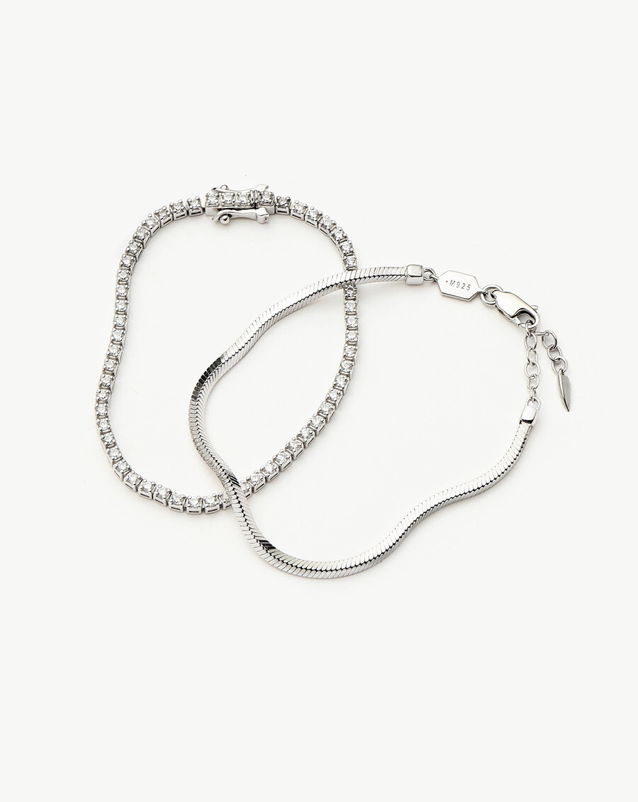 conjunto de pulsera clásica de tenis y cadena de serpiente - plata de ley