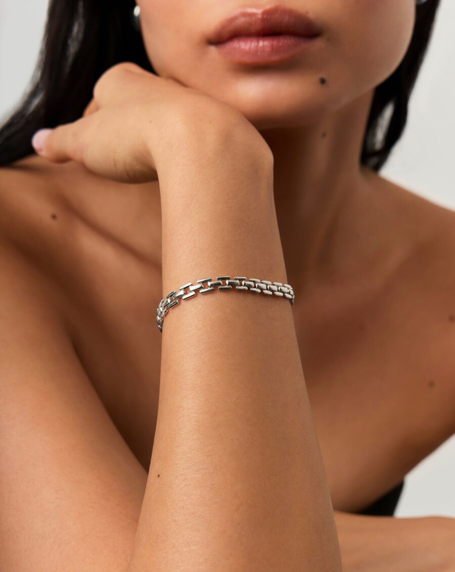 pulsera de cadena de eslabones de reloj - plata