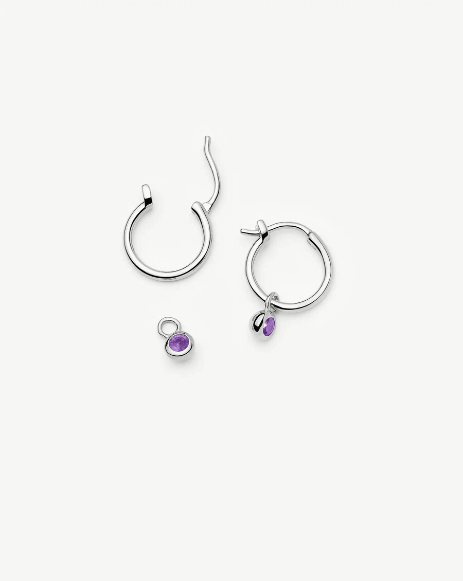 pendientes de aro de plata con dije de piedra natal de febrero