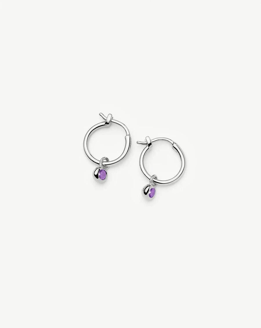 pendientes de aro de plata con dije de piedra natal de febrero