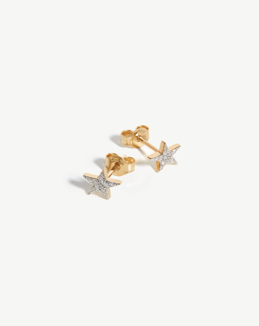 aretes pequeños con forma de estrella y diamantes en oro macizo de 14 k