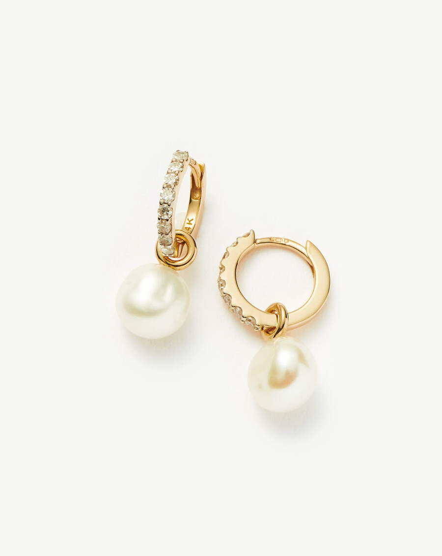 pendientes de aro con dije de perla y diamantes en oro macizo de 14 k