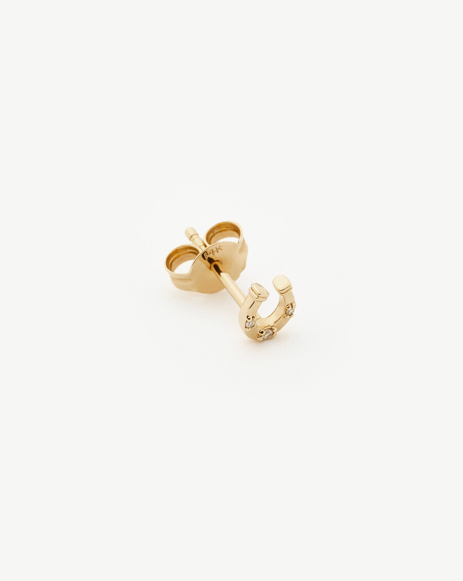 pendiente de botón con un solo diamante en forma de herradura de oro macizo de 14 k