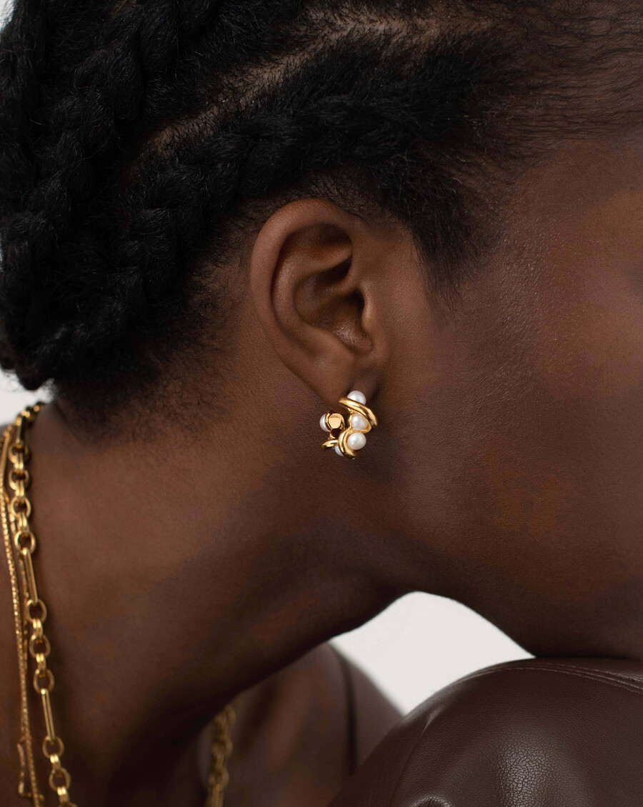 mini pendientes de aro doble trenzado con perla fundida