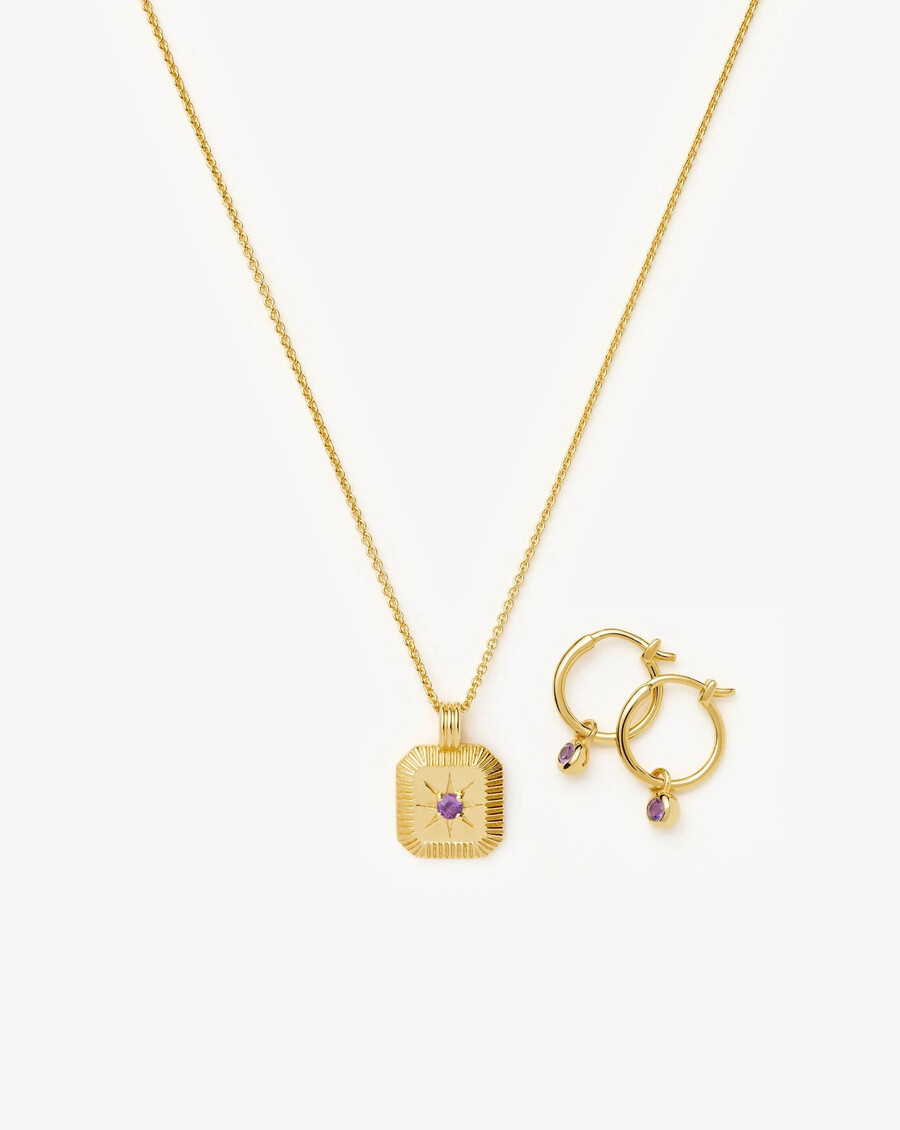 conjunto de collar y pendientes con dijes de piedra natal de febrero - oro