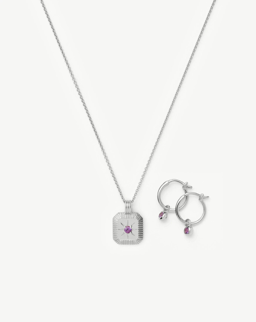 conjunto de collar y pendientes con dijes de piedra natal de febrero - plata