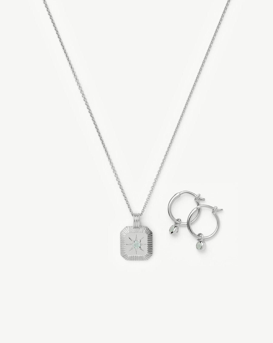 conjunto de collar y pendientes con dijes de piedra natal de marzo - plata