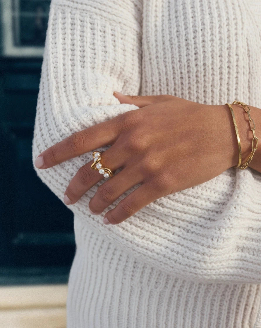 anillo apilable trenzado de perla fundida - oro vermeil de 18 kperla