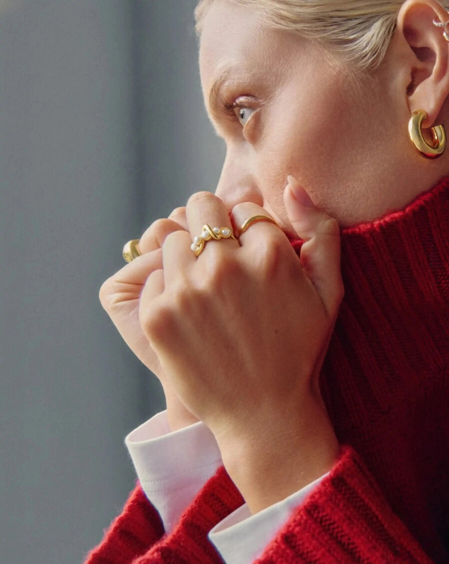 anillo apilable trenzado de perla fundida - oro vermeil de 18 kperla