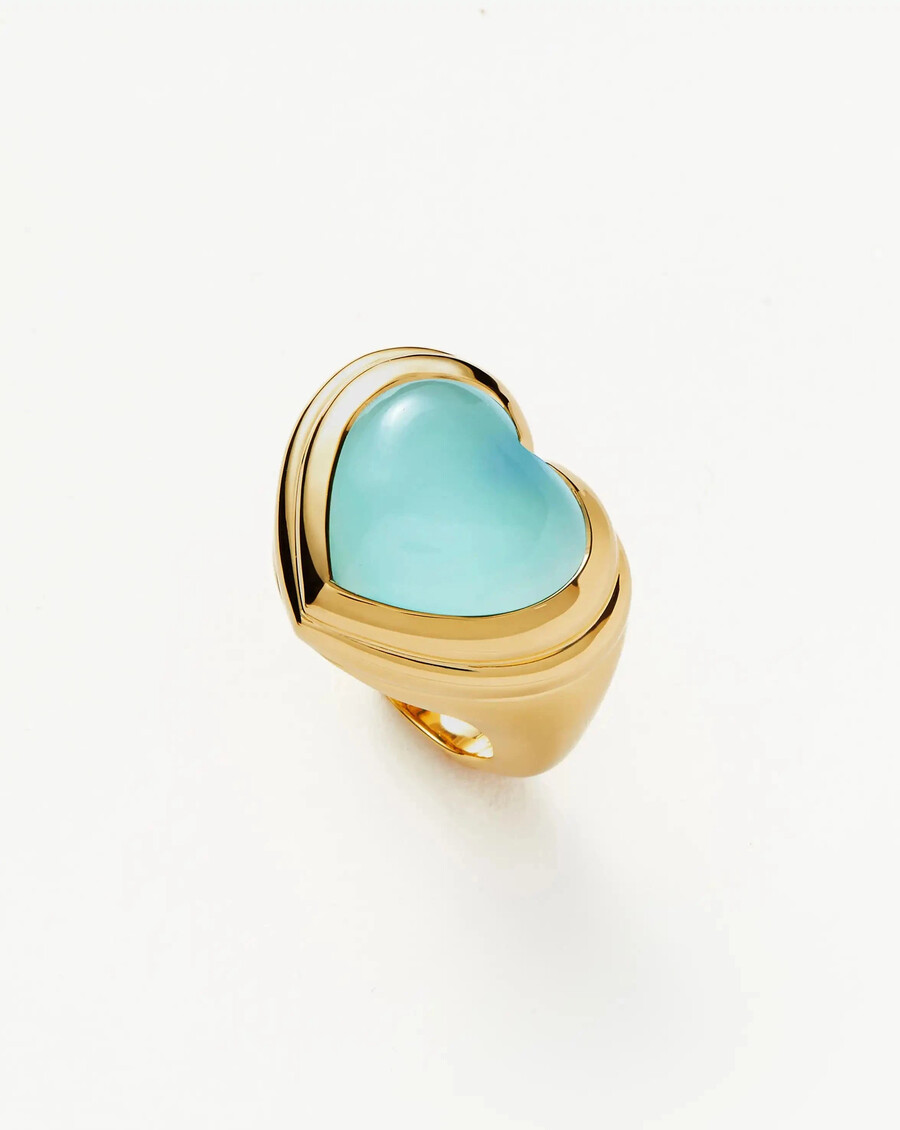 anillo de corazón de gelatina con piedras preciosas - baño de oro de 18 kcalcedonia aguamarina