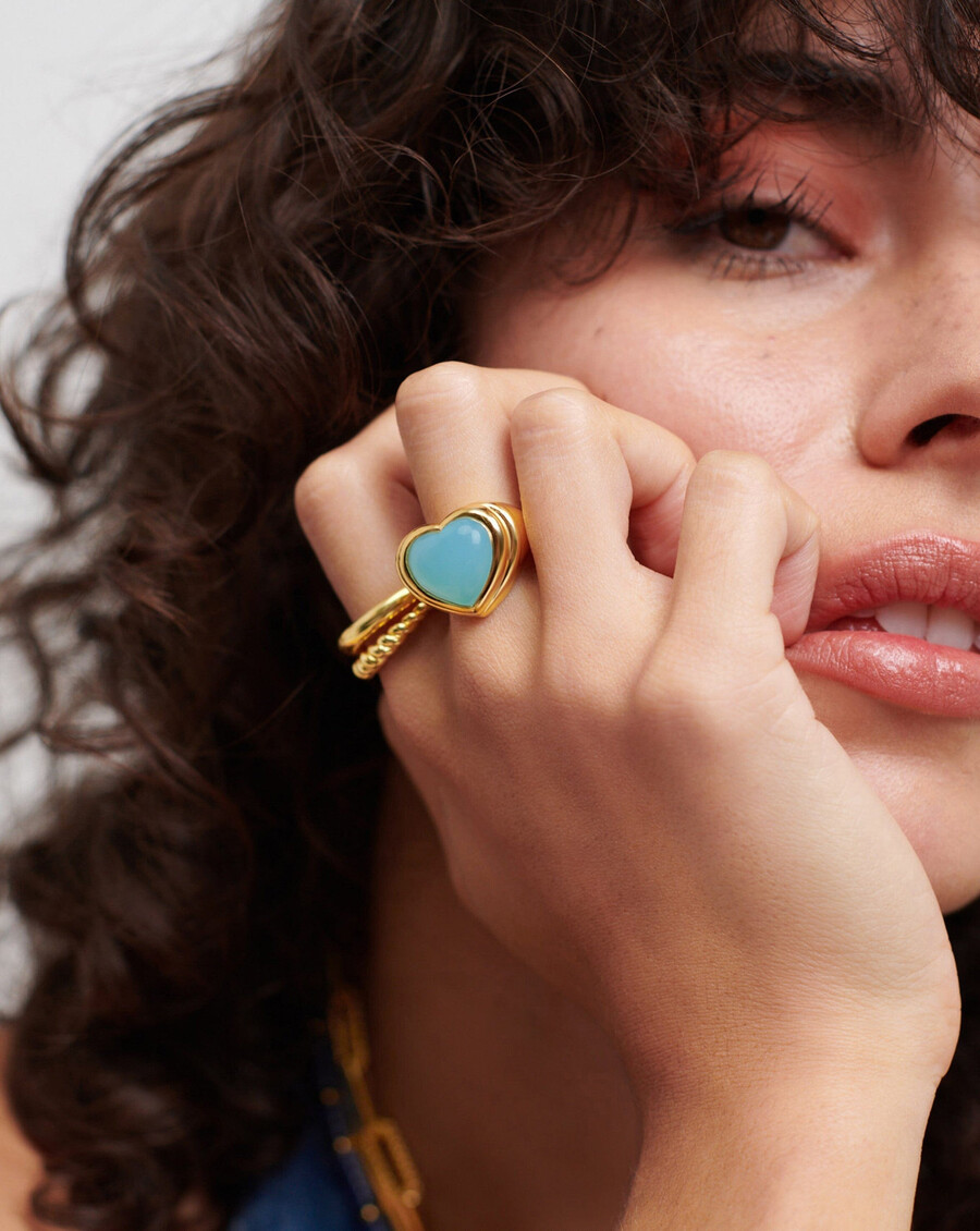 anillo de corazón de gelatina con piedras preciosas - baño de oro de 18 kcalcedonia aguamarina