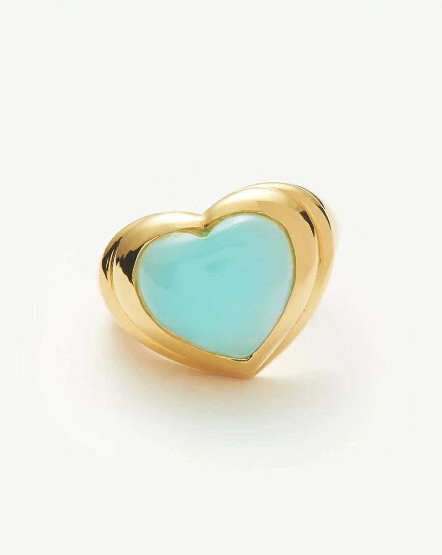 anillo de corazón de gelatina con piedras preciosas - baño de oro de 18 kcalcedonia aguamarina
