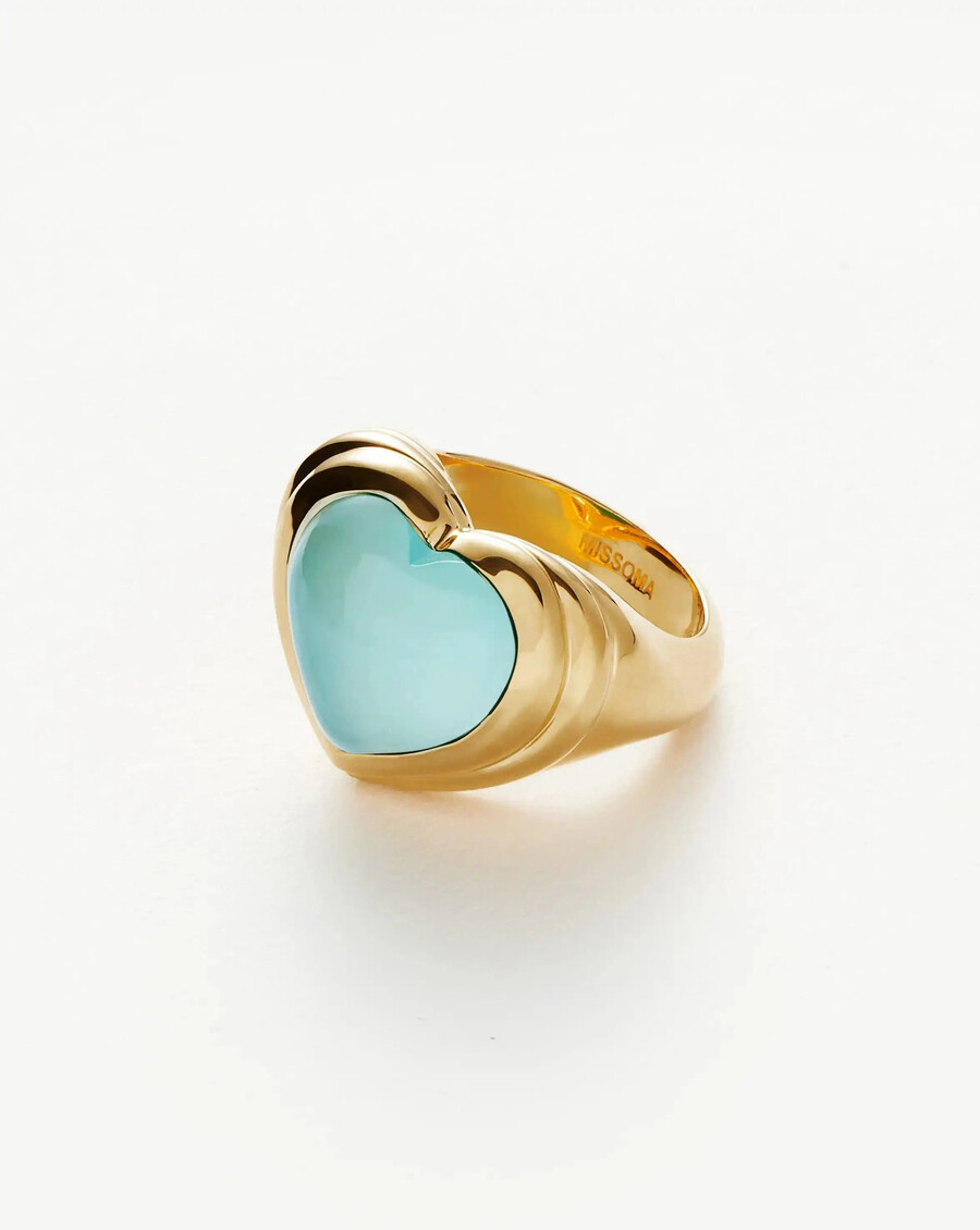 anillo de corazón de gelatina con piedras preciosas - baño de oro de 18 kcalcedonia aguamarina