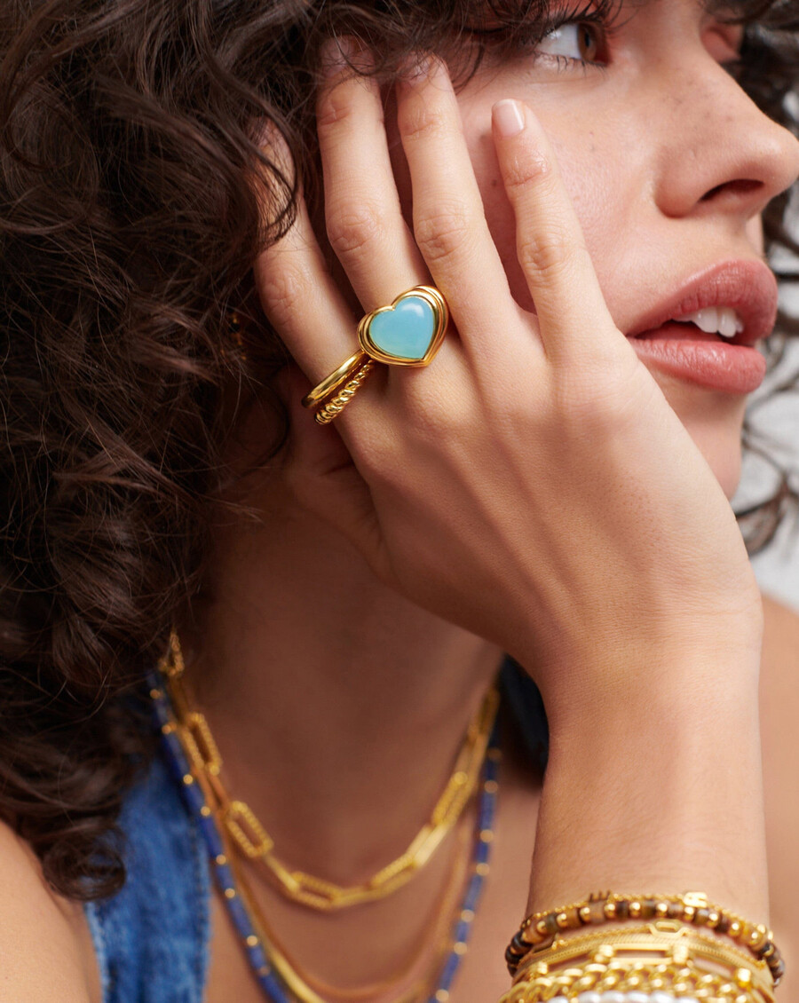 anillo de corazón de gelatina con piedras preciosas - baño de oro de 18 kcalcedonia aguamarina