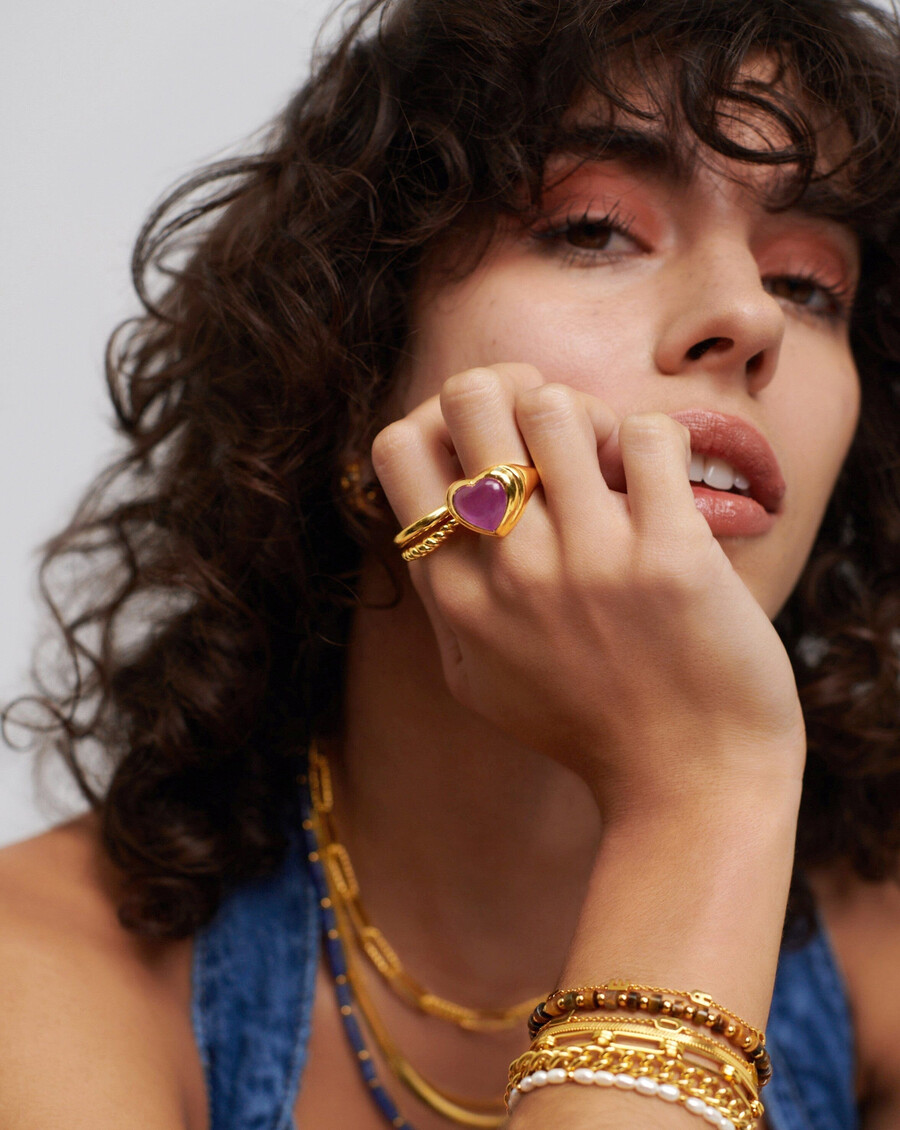 anillo de corazón de gelatina con gema - chapado en oro de 18 kcuarzo morado